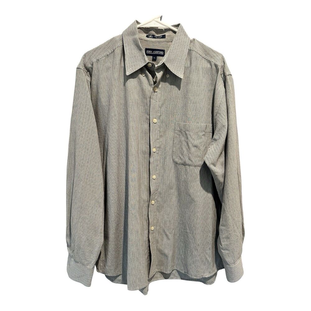 VTG John Ashford Mens Large LS Button Down Shirt Blue Gray Stripe 100% Cotton